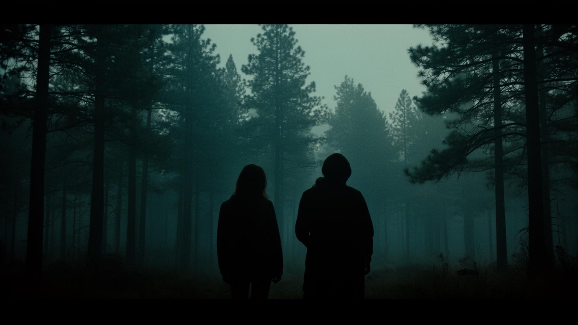 A still from Time II: Unfinished Business — two figures in a foggy pine forest at dusk.